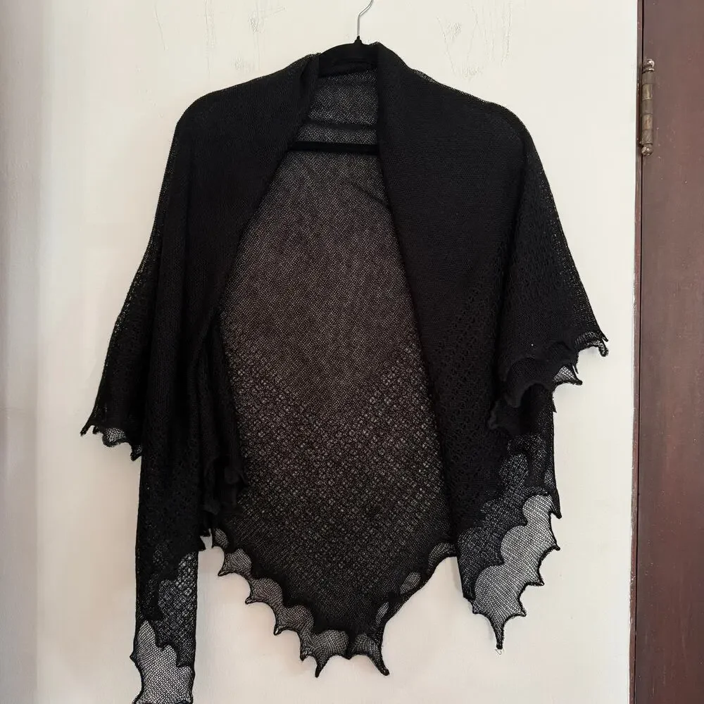 Black Open Knit Orenburg Shawl Goth Scalloped Square Scarf Wrap